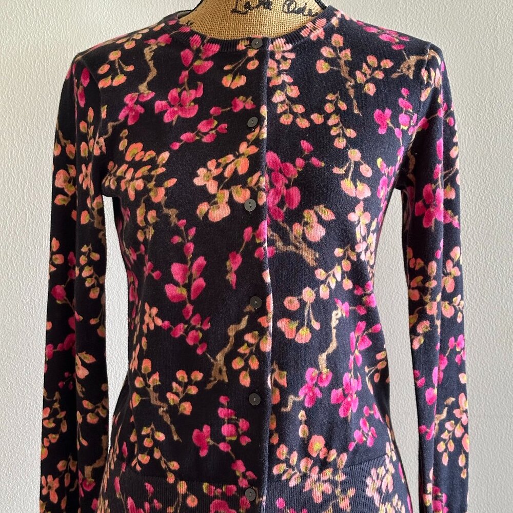Lands End XS floral Cardigan. with brown with pink and peach flowers